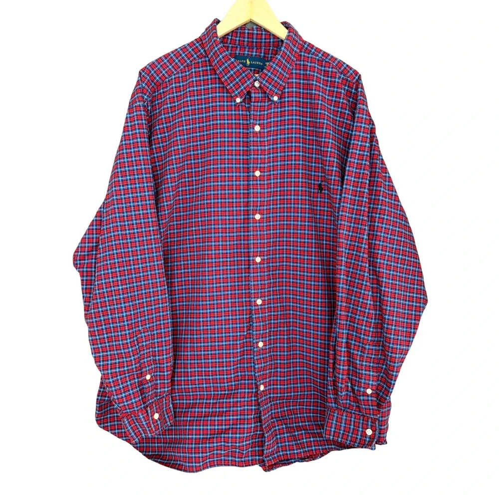 Polo Ralph Lauren Mens 3XB Plaid Button Down Shirt Red Blue Cotton Big & Tall